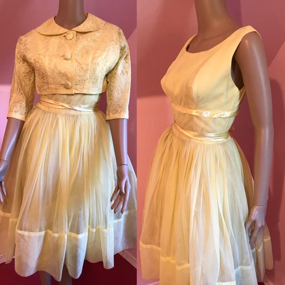 Vintage 1950s Yellow Chiffon Dress with Matching … - image 1
