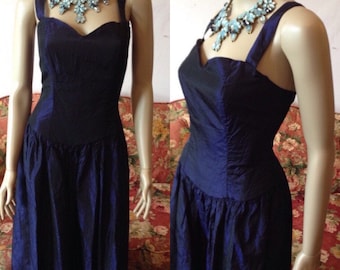 Vintage 60s Dress.60s Evening Gown.Blue/Black Sharkskin Dress.Long Blue Dress Small