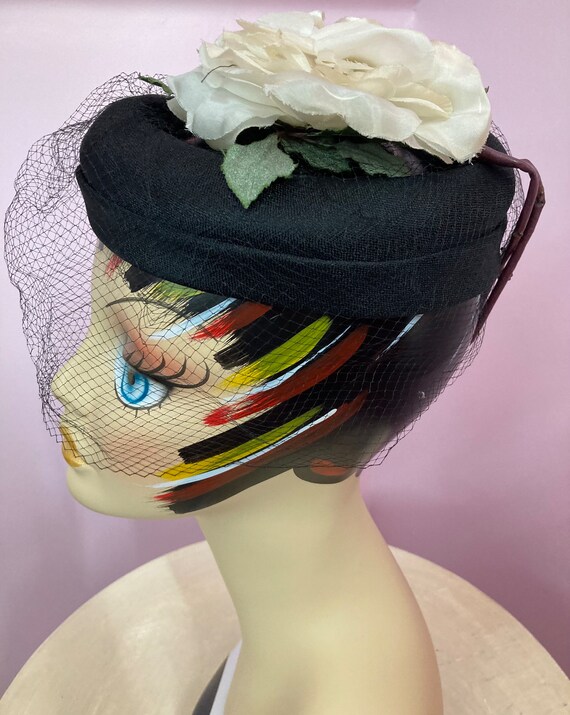 Vintage 50s Black Veiled Hat with Large Ivory Ros… - image 4