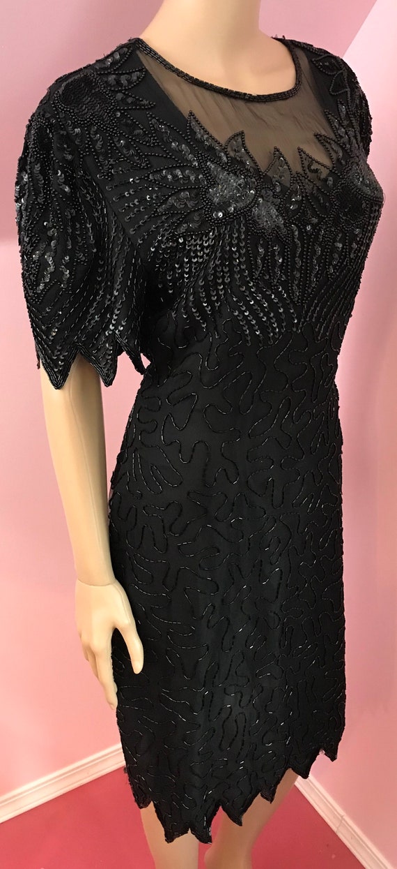 Vintage 80s Silk Beaded Dress.80s Black Beaded Se… - image 4