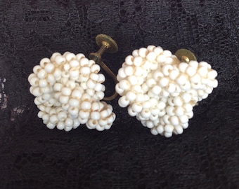 Vintage 1940s White Seed Bead Earrings...Screw back