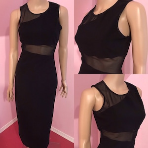 Vintage 90s Dress.90s Bodycon Dress.90s Black Dress.Sheer Panel Dress.Sleeveless Dress.Byer Too Dress. Med.