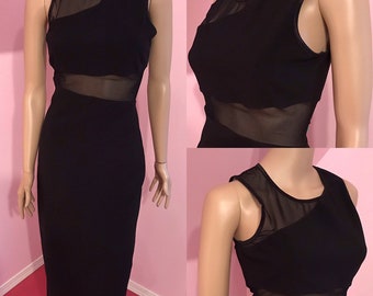 Vintage 90s Dress.90s Bodycon Dress.90s Black Dress.Sheer Panel Dress.Sleeveless Dress.Byer Too Dress. Med.
