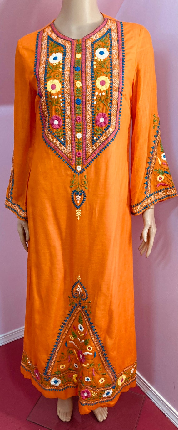 Vintage 60s Caftan. Orange Embroidered Caftan by … - image 3