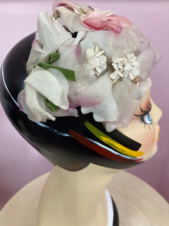 Vintage 50s Pink Pansy Whimsy Headband Hat. Fancy… - image 10