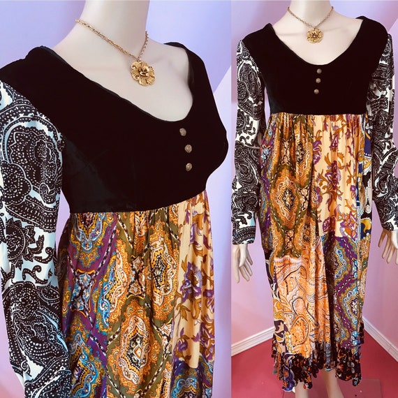 Vintage 70s Boho Dress.70s Patchwork Maxi Dress.Gr