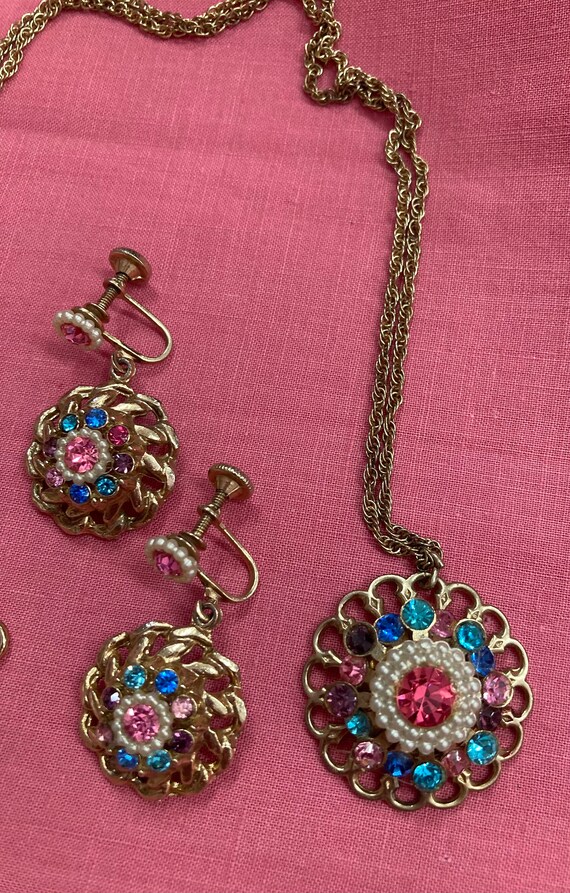 Vintage 40s Necklace & Earrings Set. Rhinestone F… - image 2