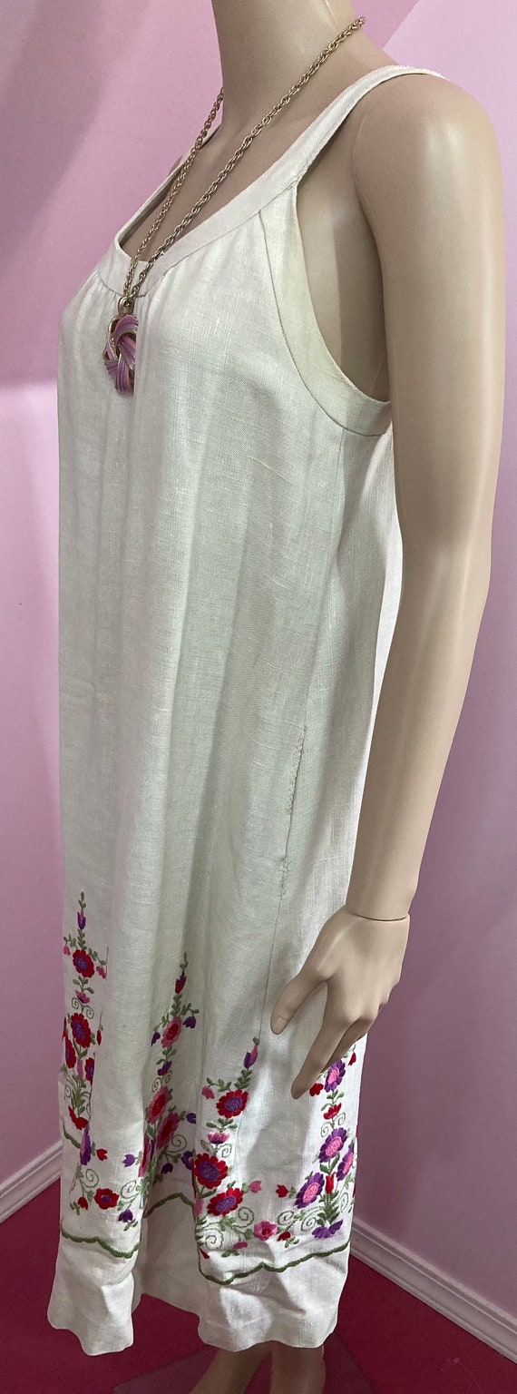 Vintage 70s Ivory Linen Smock Dress with Embroide… - image 3