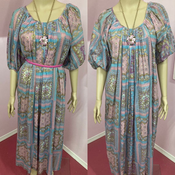 Vintage 70s Boho Smock Dress. Sheer Hand-painted Purple & Blue Patchwork Dress. Poet Sleeved Dress. O/S