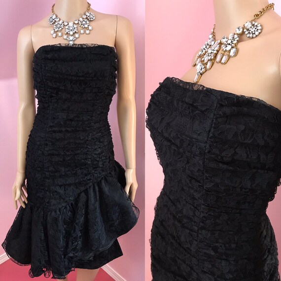 Vintage 80s Black Lace Dress.80s Strapless Dress.8