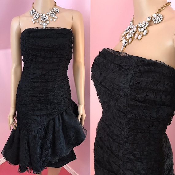 Vintage 80s Black Lace Dress.80s Strapless Dress.… - image 1