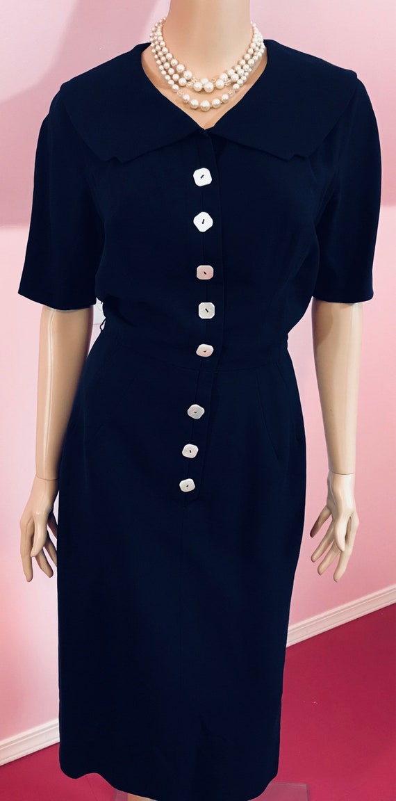 Vintage 1950s Navy Blue Rayon Dress by John Doyle Bishop & Anna Miller. Small to Medium View 2