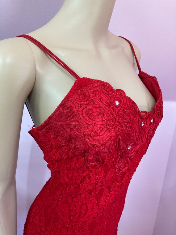 Sexy 80s Red Lace Dress with Rhinestones & Appliq… - image 6