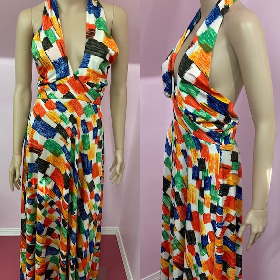 Vintage 70s Halter Maxi Dress. Bold Abstract Print Halter Dress by Cirette  of California. 70s Diva Dress Small 