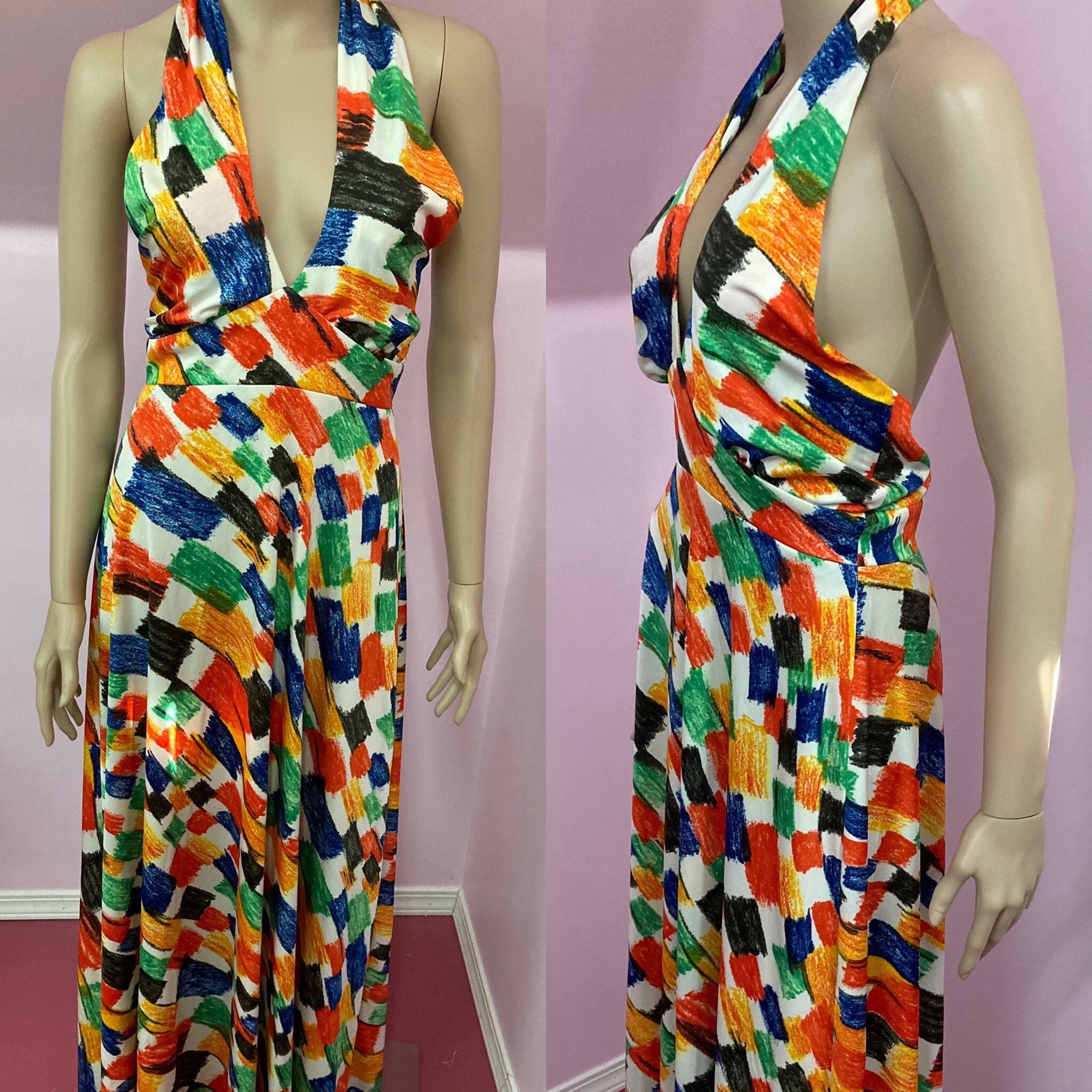 Vintage 70s Halter Maxi Dress. Bold Abstract Print Halter