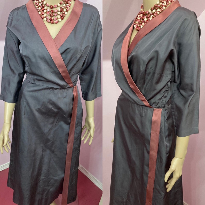 Vintage 50s Wrap Front Dress. 50s Shop Girl Dress. Small image 1