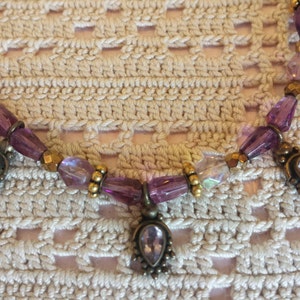 Handmade Vintage Amethyst Glass & Crystal  Beaded Necklace