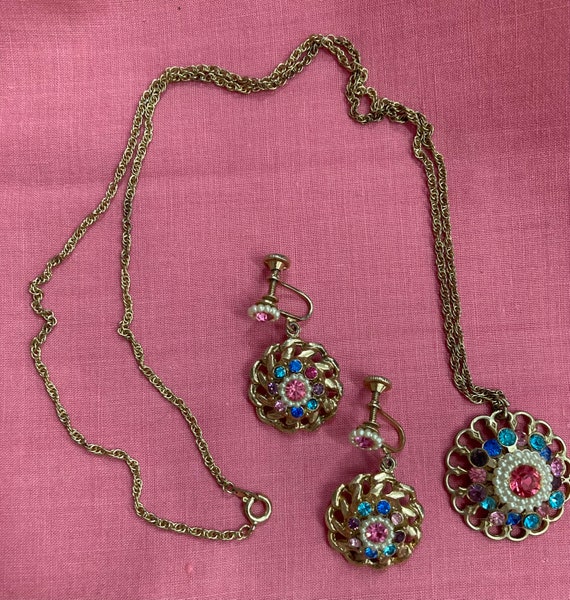 Vintage 40s Necklace & Earrings Set. Rhinestone F… - image 3