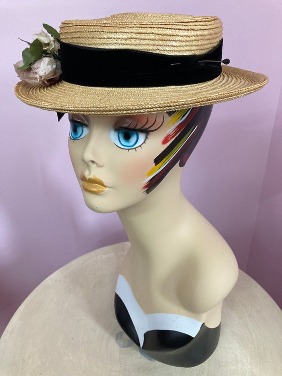 Vintage 40s Straw Boater Hat. Black Velvet Ribbon… - image 7