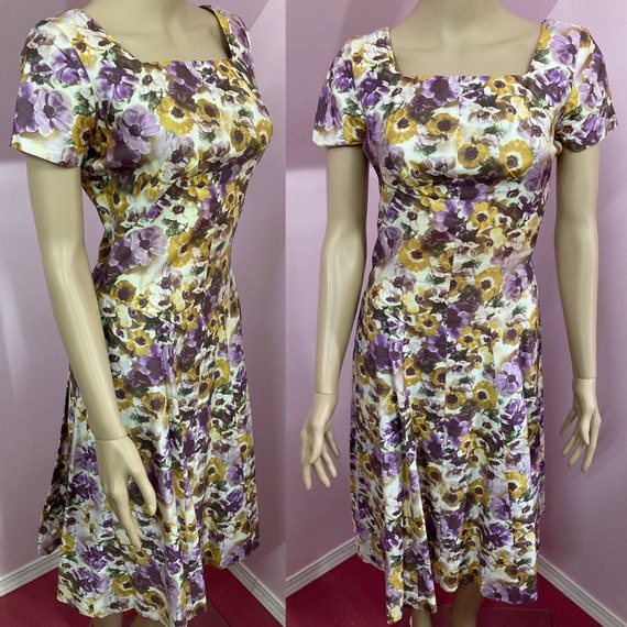 Vintage 50s Purple & Yellow Floral Dress. 50s Sho… - image 1