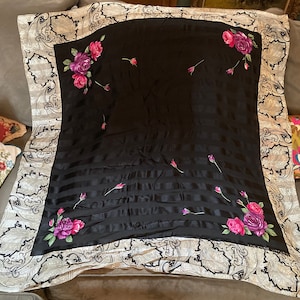 Vintage 80s Adrienne Vittadini Silk Scarf. Black Silk Scarf with Roses. Large Silk Scarf 42x42”