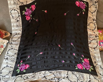 Vintage 80s Adrienne Vittadini Silk Scarf. Black Silk Scarf with Roses. Large Silk Scarf 42x42”