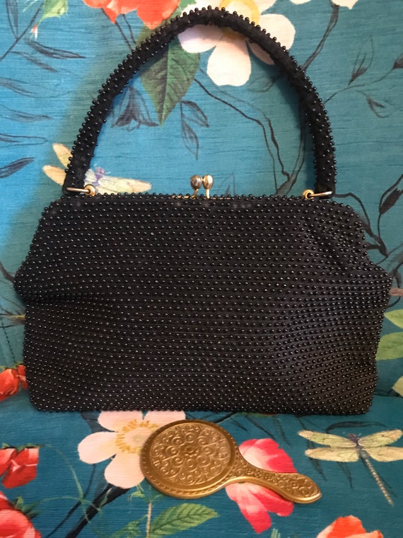 Vintage 1940s Black Plastic Beaded Handbag & Mirr… - image 1