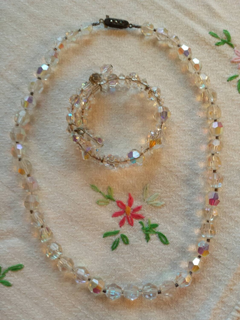 Collier Vintage Murano 3 Rangs - Perles Aurora Borealis Tons Mauves - Verre