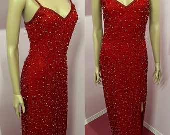 Vintage 80s Long Red Silk Beaded Dress with Red & Metallic Gold beads. Long Red Beaded  Gown with Spaghetti Straps by Scala