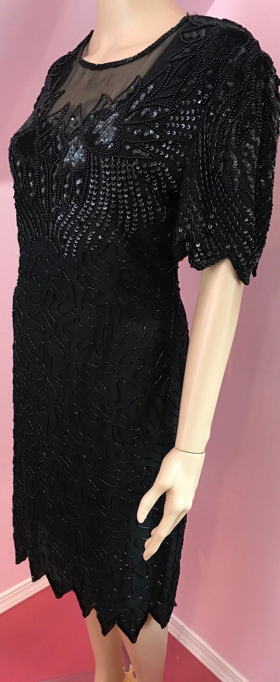 Vintage 80s Silk Beaded Dress.80s Black Beaded Se… - image 6