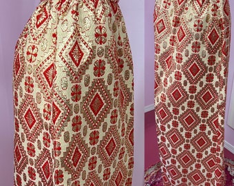 Vintage 70s Mod Red & Metallic Gold Maxi Skirt. 1970s Hostess Skirt by Alice of California. Small