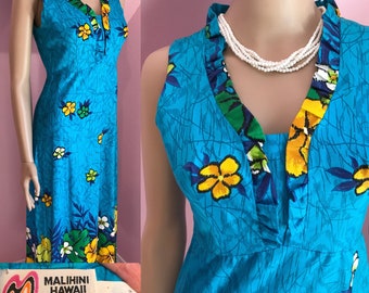 Vintage 70s Hawaiian Dress. Long Hawaiian Dress. Blue Hawaiian Dress. Tiki Dress by Malahini Designers Collection. Aloha Dress. S/M