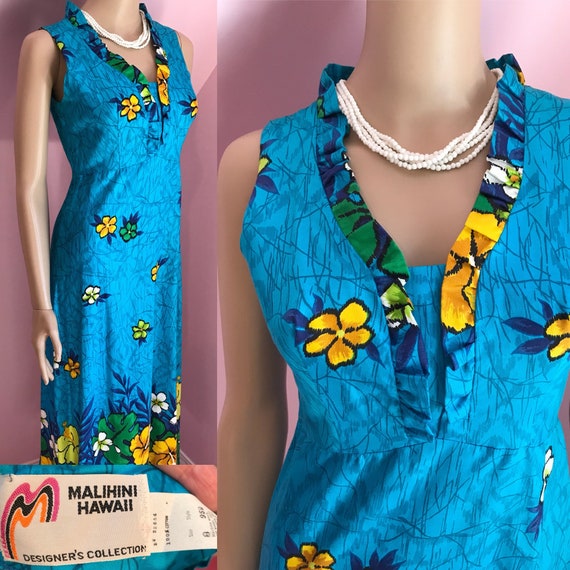 Vintage 70s Hawaiian Dress. Long Hawaiian Dress. Blue Hawaiian 