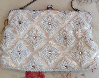 Vintage 1950s Hand Beaded & Rhinestone Pearl White Handbag