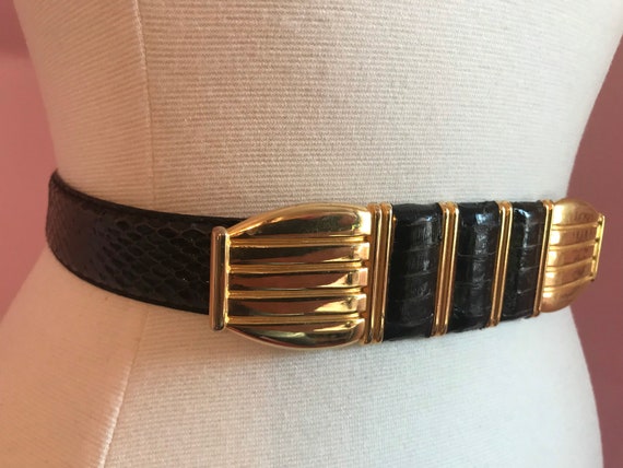 Vintage 70s Black & Gold Snakeskin Belt.1970s Bla… - image 3