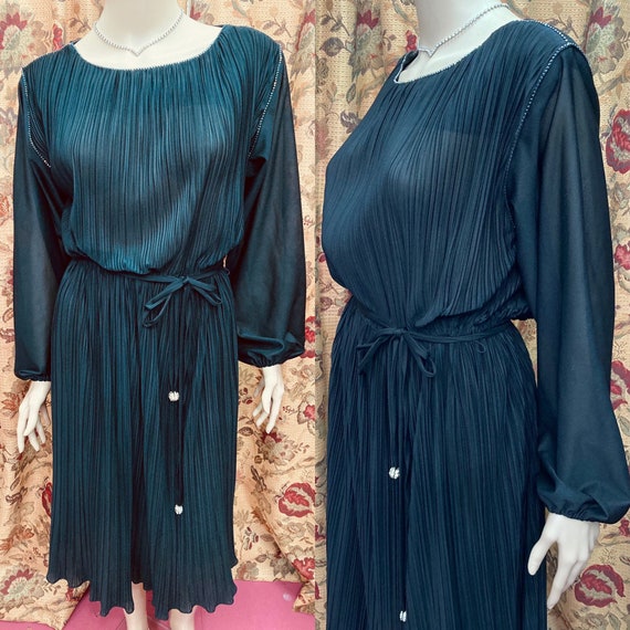 Vintage 70s Dress.Sheer Black Dress.Black Pleated… - image 1