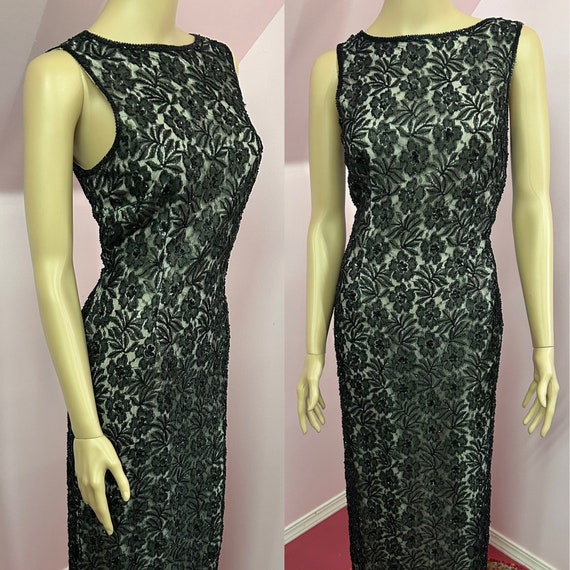 Vintage 80s Does 1960s Black Lace Beaded Sleevele… - image 1