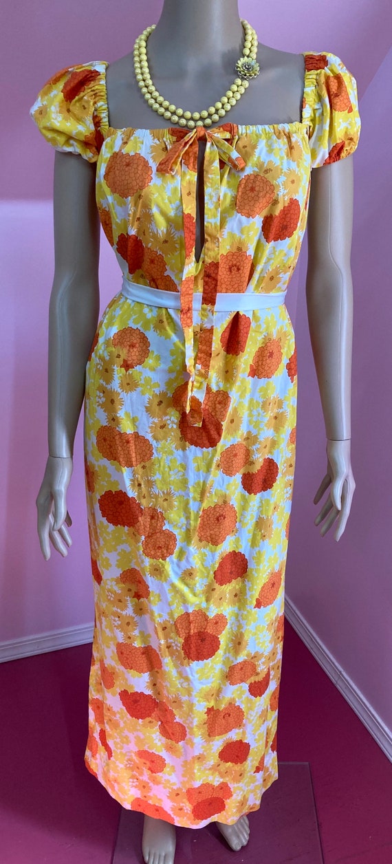 Vintage 50s Yellow & Orange Floral Dress. Long Co… - image 4