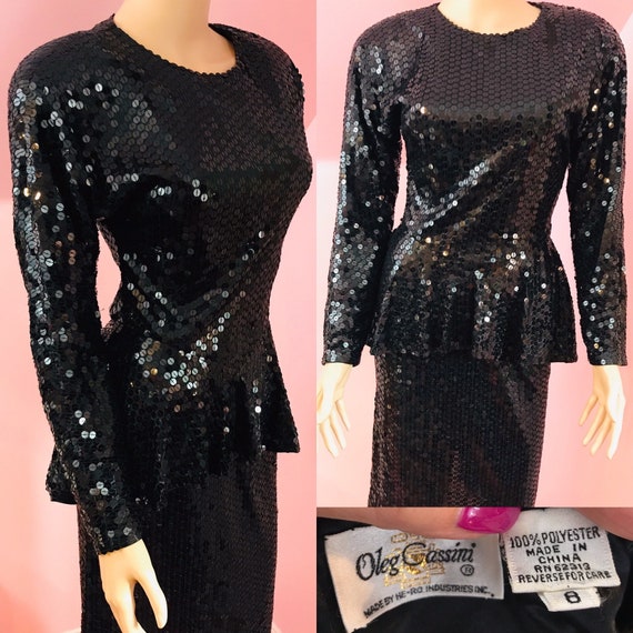 Vintage 80s Oleg Cassini Dress.80s Black Sequin D… - image 1