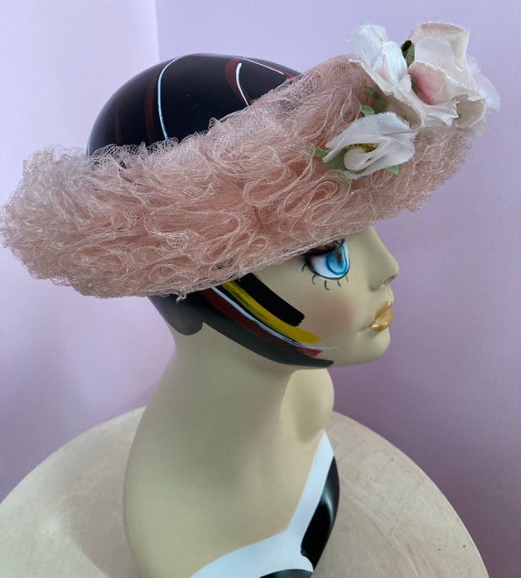 Vintage 40s Pink Halo Hat with flowers. Pink Hors… - image 9