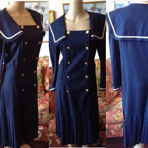 Vintage 1980s Dress.Vintage 80s Dress.20s Style Sailor Dress.Lanz Dress.Navy Blue Sailor Dress.Gold Metal Buttons.Nautical Dress. M/L