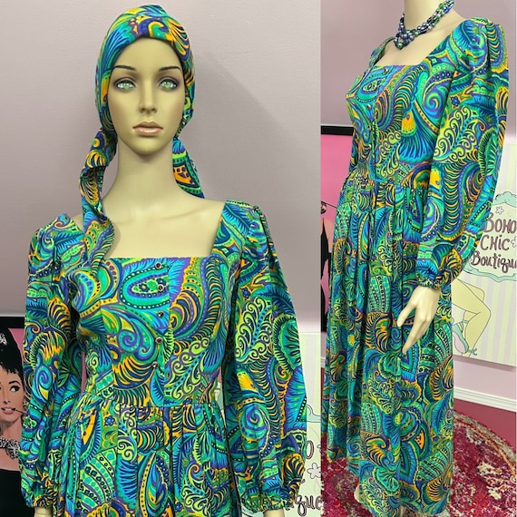 Vintage Late 60s- Early 70s Psychedelic Paisley Maxi Dress. Long