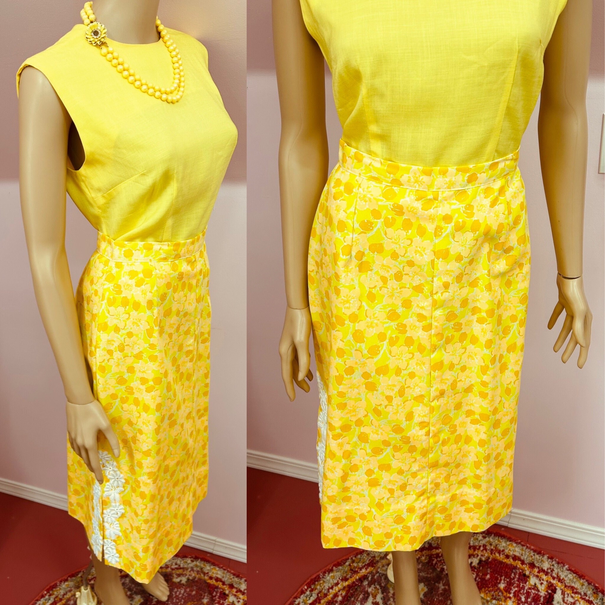 60s -70s Jewelry – Necklaces, Earrings, Rings, Bracelets Vintage 60S Bright Yellow Floral Pencil Skirt $62.00 AT vintagedancer.com