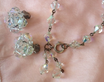 Vintage 1950s Jewelry Set.50s Crystal Bracelet.50s Crystal AB Bracelet & Clip-on Earrings Set.50s Crystal Earrings.50s Bracelet/Earrings Set