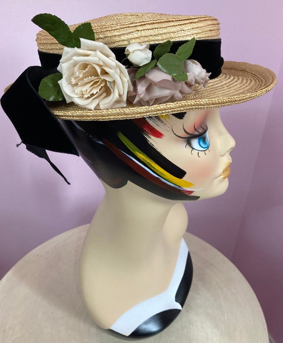 Vintage 1950s Black Straw Wide Brim Boater Hat Cream Trim Floral Vintage 1950 main image 4