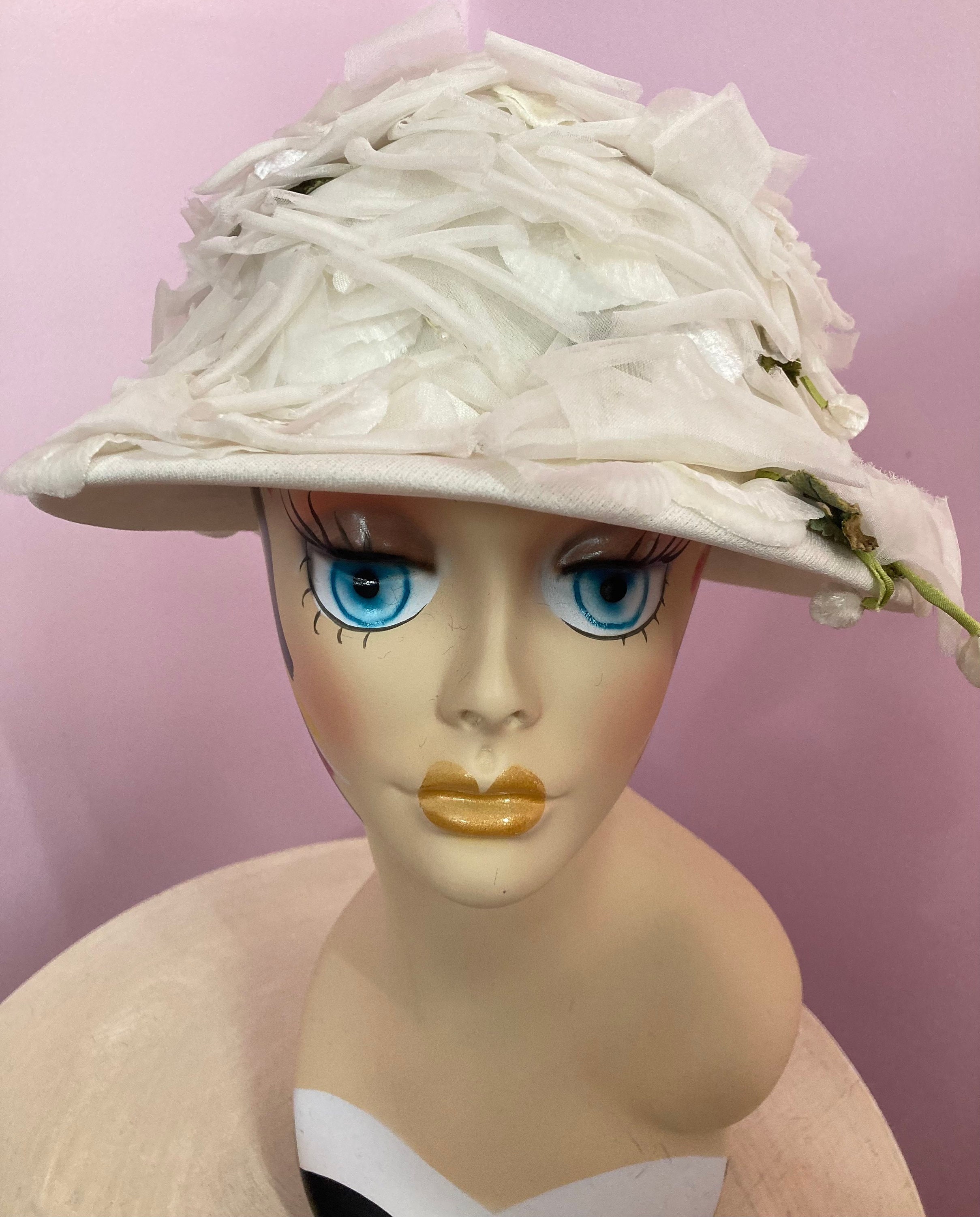 Vintage Ivory Floral Net Bucket Hat 1950s 1960s Vintage Ivory Buckram Bucket Hat: 1950s Floral Cocktail Hat  main image 2
