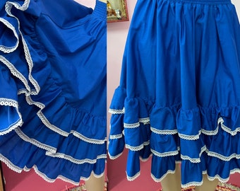 Vintage 70s Blue Tiered Square Dancing Skirt-S/M