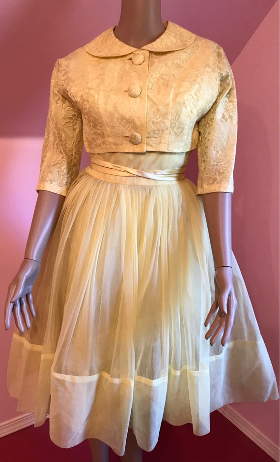 Vintage 1950s Yellow Chiffon Dress with Matching … - image 3