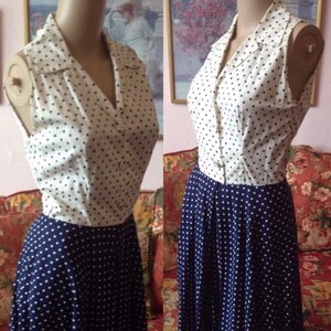 Vintage 50s Navy Blue & White Polka Dot Dress...Cotton...Full Skirt...Size Small