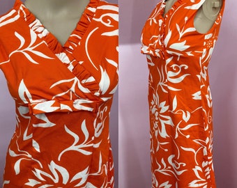 Vintage 60s Orange & White Hawaiian Dress by Tia of Hawaii. Orange Sleeveless Hawaiian Dress. Tiki Dress XS